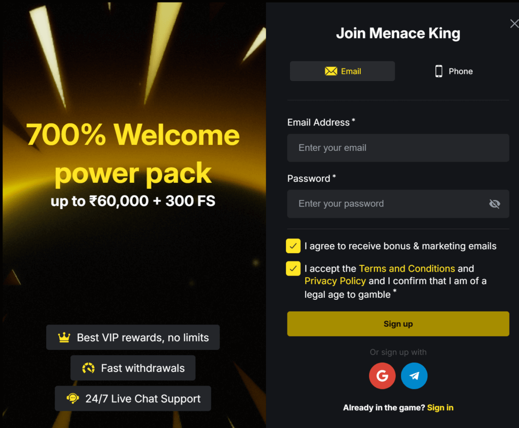 Menace King casino Registration