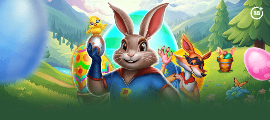 Easter bunny holding an egg and a chick, with a background of Easter eggs